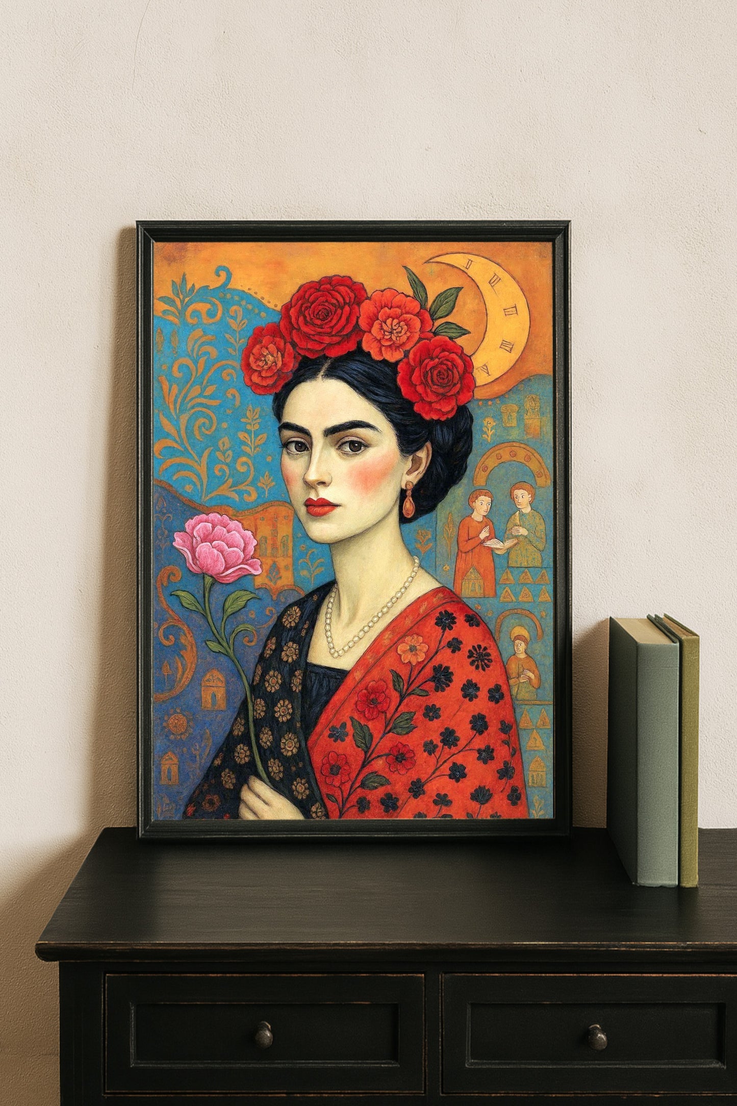 Florales Frauenporträt Poster mit roten Rosen, Boho Folk Art Illustration und Mondmotiv