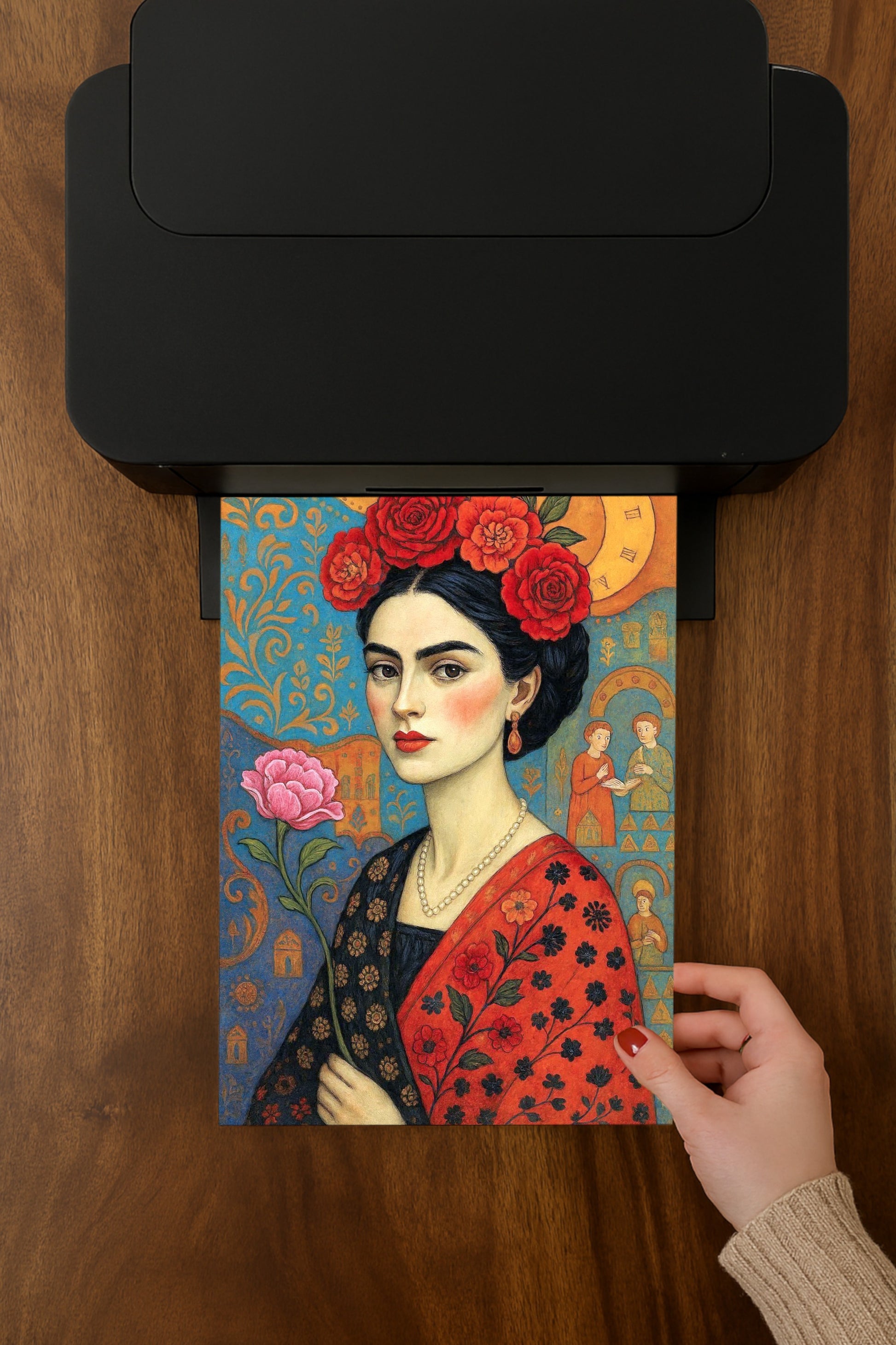 Symbolisches digitales Frauenporträt mit rotem Blumenkranz, floralen Mustern und ornamentaler Hintergrundgestaltung in warmen Farben