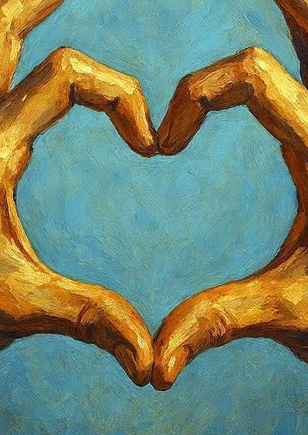 Zwei gemalte Hände formen ein Herz vor blauem Hintergrund, symbolisches digitales Kunstmotiv in warmen Goldtönen