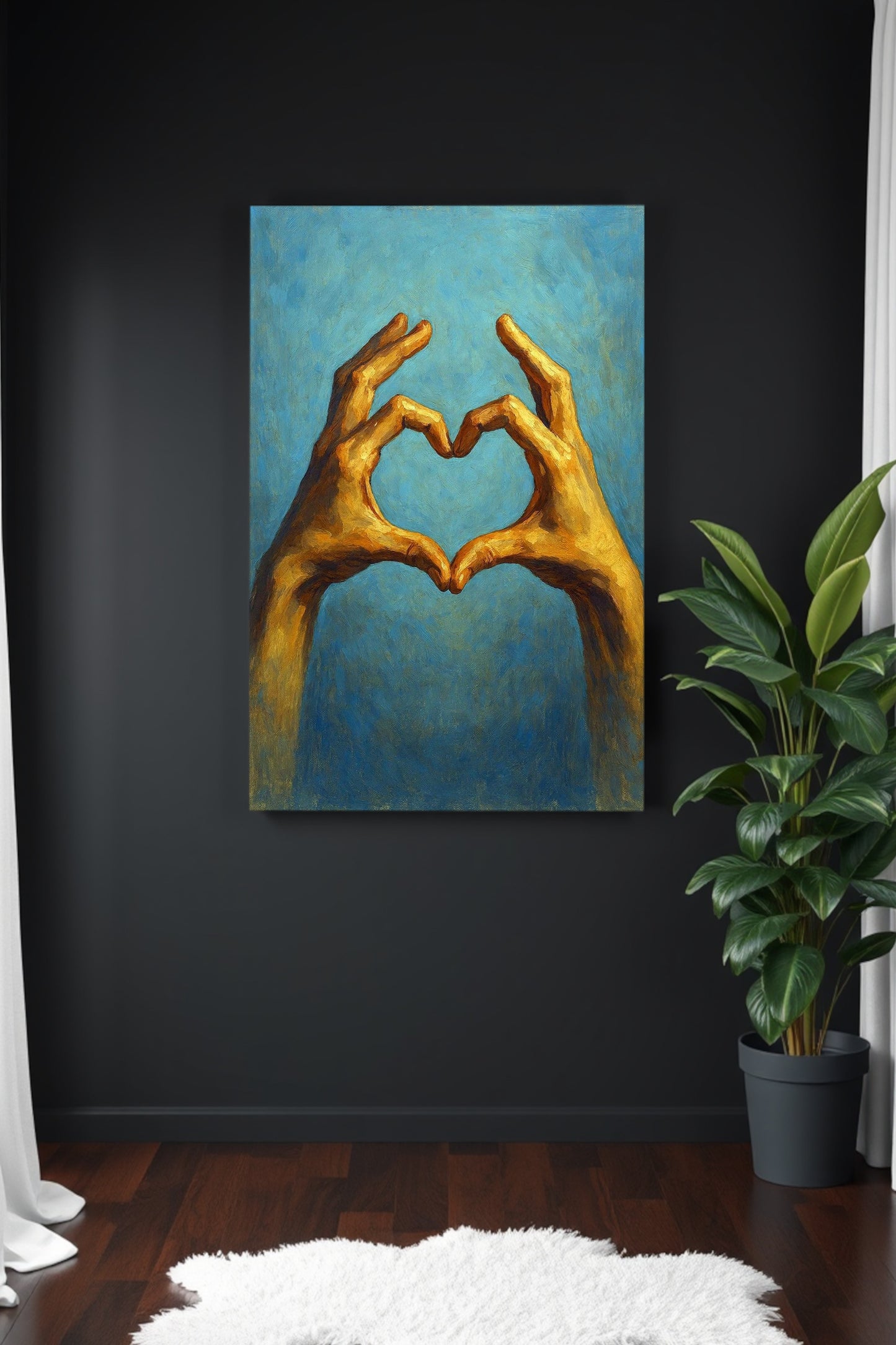 Zwei gemalte Hände formen ein Herz vor blauem Hintergrund, symbolisches digitales Kunstmotiv in warmen Goldtönen
