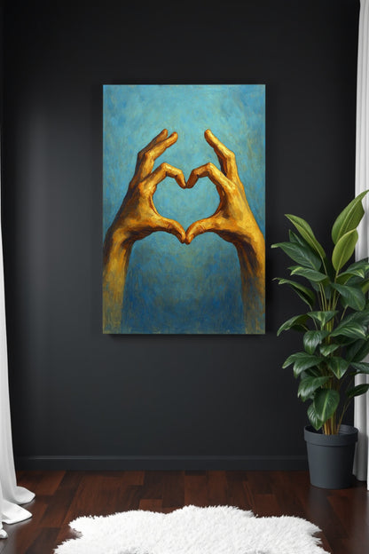 Zwei gemalte Hände formen ein Herz vor blauem Hintergrund, symbolisches digitales Kunstmotiv in warmen Goldtönen