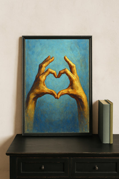 Zwei gemalte Hände formen ein Herz vor blauem Hintergrund, symbolisches digitales Kunstmotiv in warmen Goldtönen