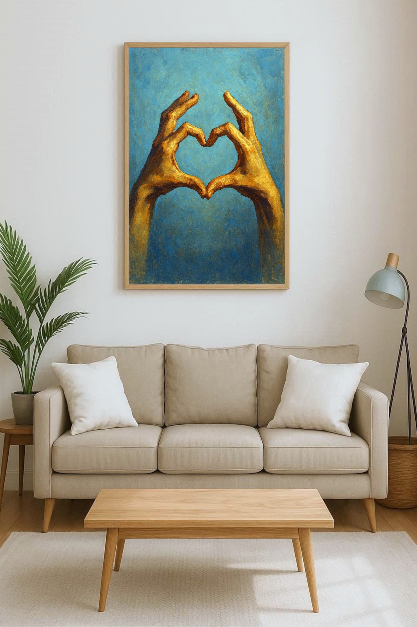 Zwei gemalte Hände formen ein Herz vor blauem Hintergrund, symbolisches digitales Kunstmotiv in warmen Goldtönen