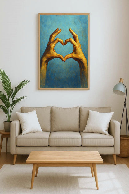Zwei gemalte Hände formen ein Herz vor blauem Hintergrund, symbolisches digitales Kunstmotiv in warmen Goldtönen