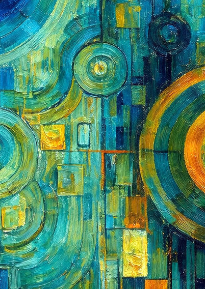 Abstraktes digitales Kunstmotiv mit kreisförmigen Formen in Blau, Türkis und Gold, moderne geometrische Malerei