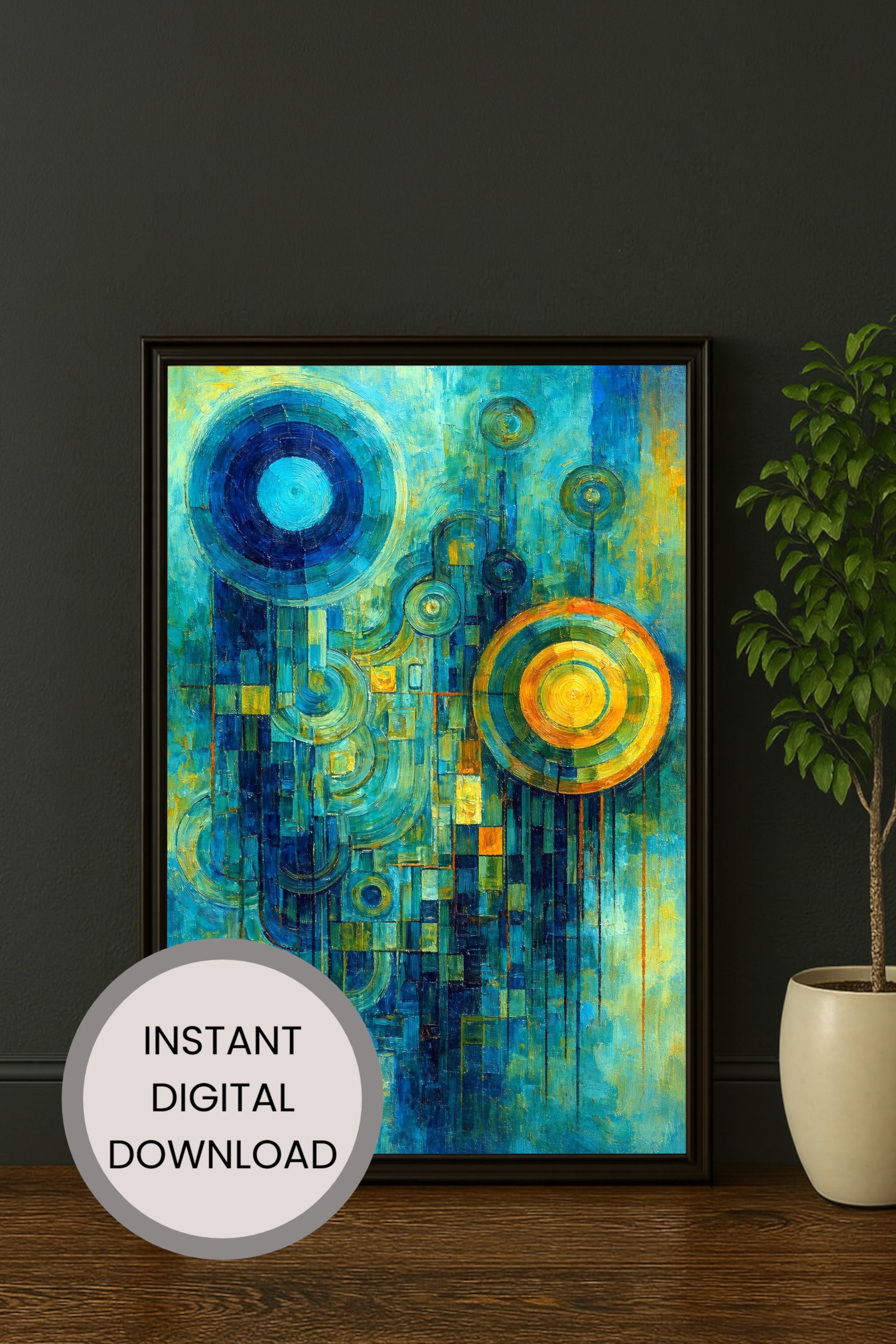 Abstraktes digitales Kunstmotiv mit kreisförmigen Formen in Blau, Türkis und Gold, moderne geometrische Malerei