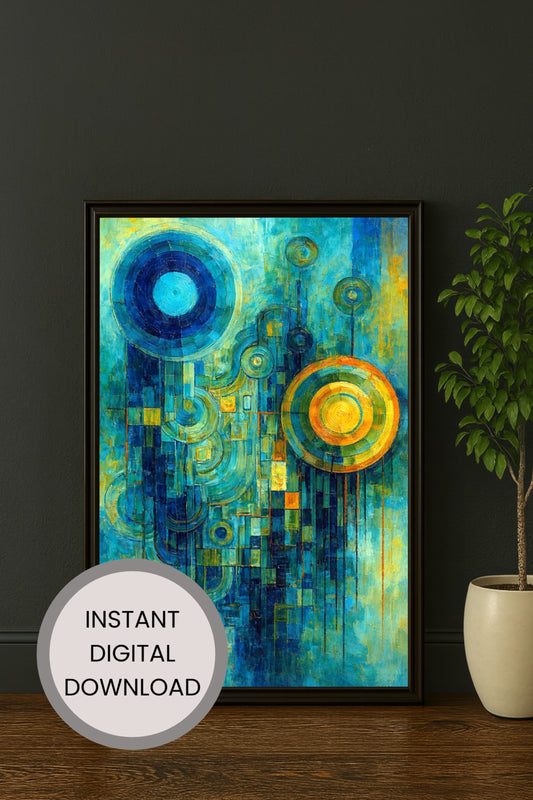 Abstraktes digitales Kunstmotiv mit kreisförmigen Formen in Blau, Türkis und Gold, moderne geometrische Malerei