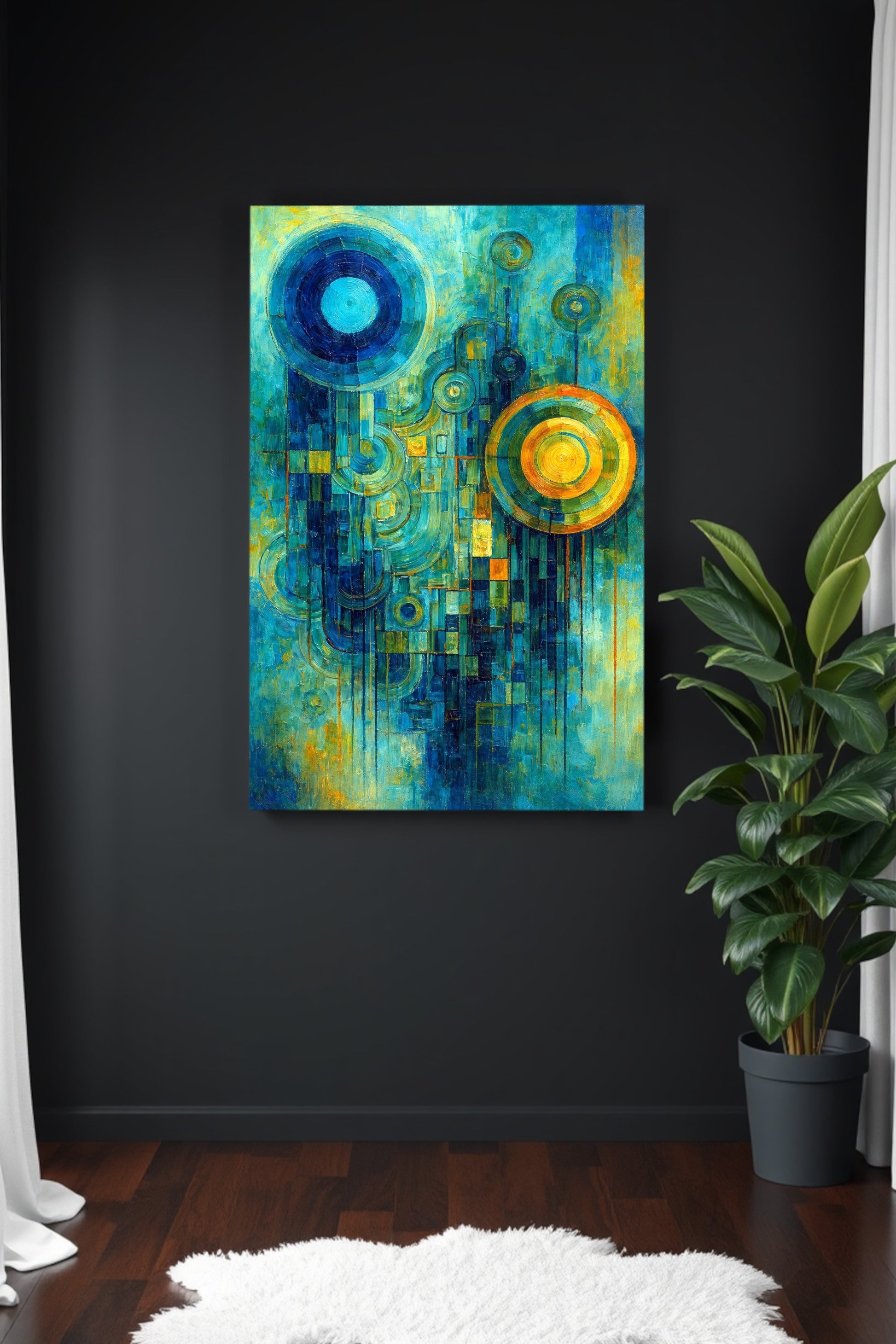 Abstraktes digitales Kunstmotiv mit kreisförmigen Formen in Blau, Türkis und Gold, moderne geometrische Malerei