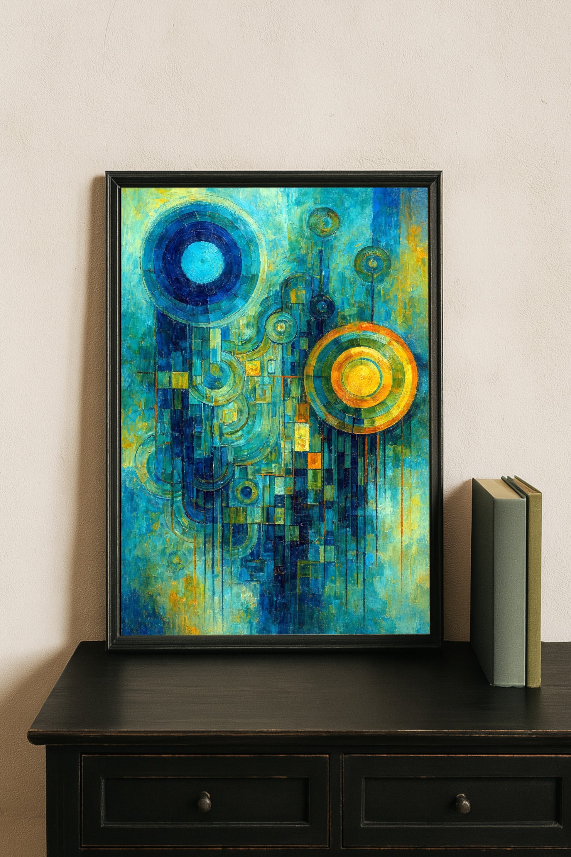 Abstraktes digitales Kunstmotiv mit kreisförmigen Formen in Blau, Türkis und Gold, moderne geometrische Malerei