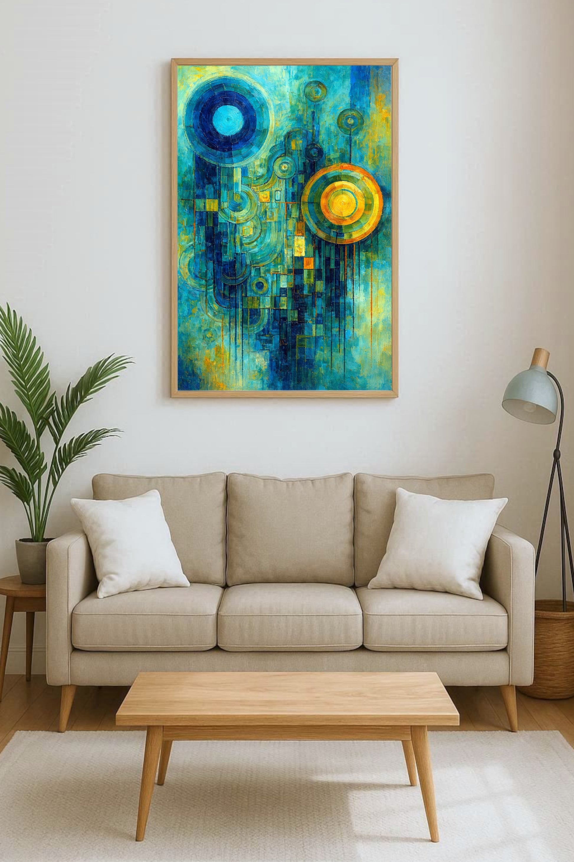 Abstraktes digitales Kunstmotiv mit kreisförmigen Formen in Blau, Türkis und Gold, moderne geometrische Malerei