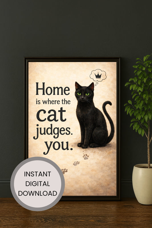 Schwarze Katze mit grünen Augen neben dem Spruch „Home is where the cat judges you“, humorvolles digitales Katzenposter