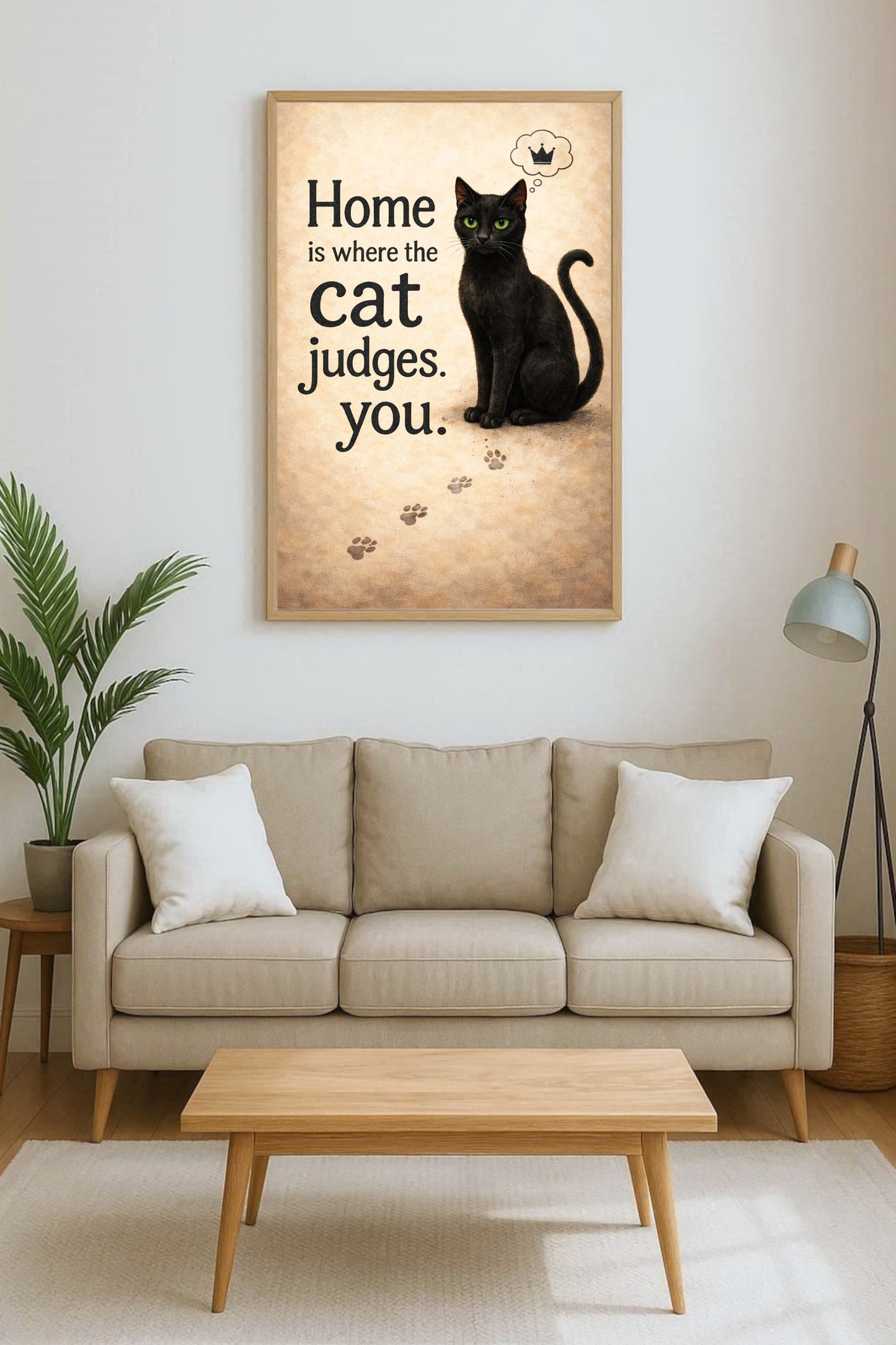 Schwarze Katze mit grünen Augen neben dem Spruch „Home is where the cat judges you“, humorvolles digitales Katzenposter