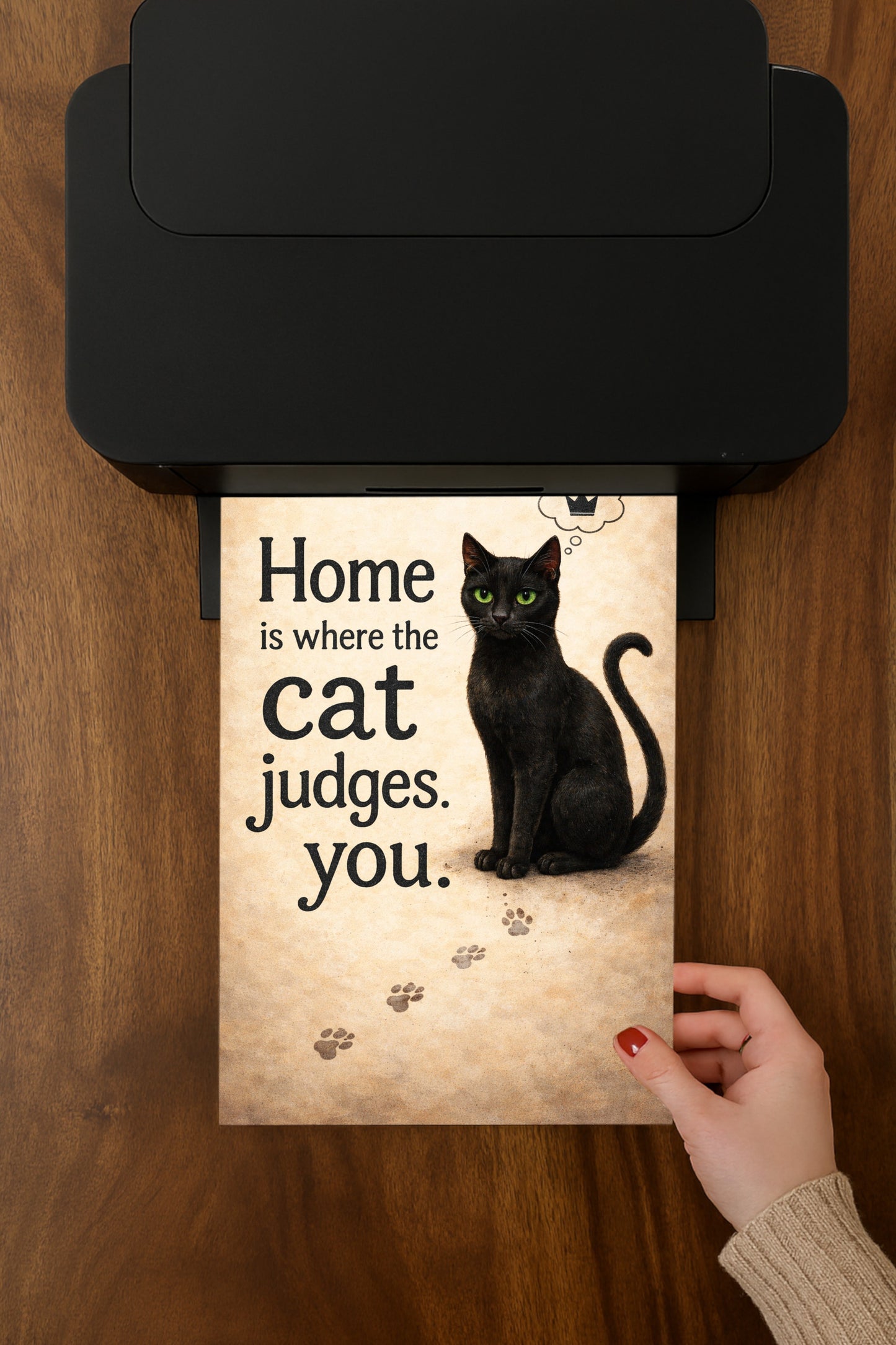 Schwarze Katze mit grünen Augen neben dem Spruch „Home is where the cat judges you“, humorvolles digitales Katzenposter