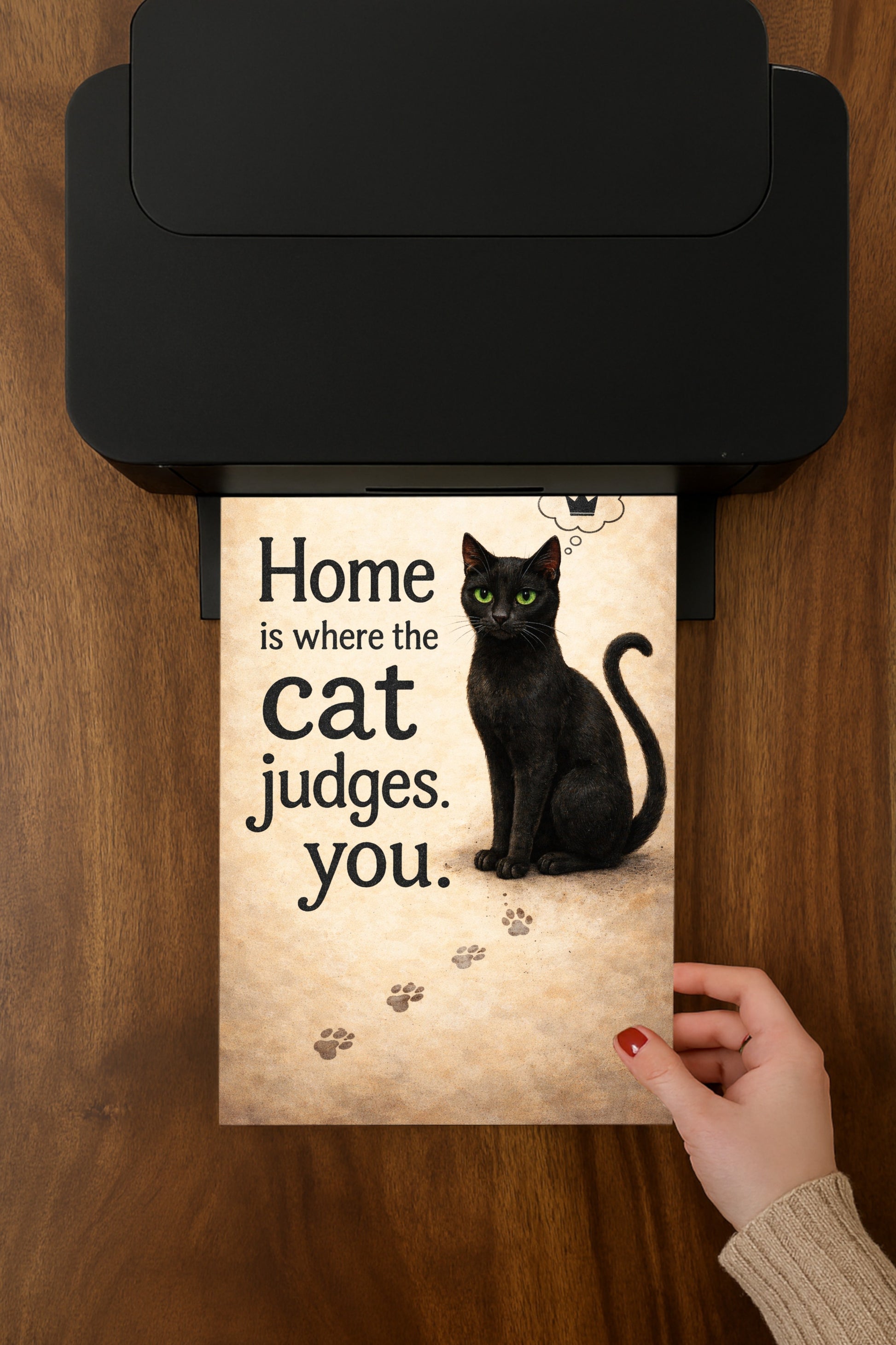 Schwarze Katze mit grünen Augen neben dem Spruch „Home is where the cat judges you“, humorvolles digitales Katzenposter