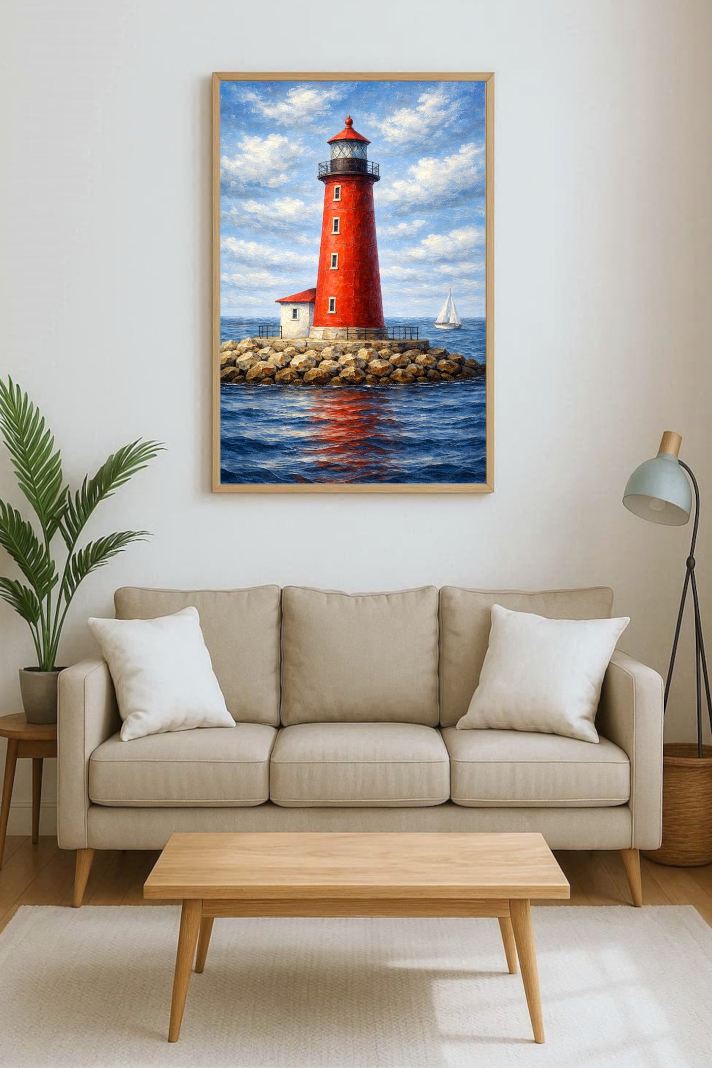 Roter Leuchtturm am Meer mit Segelboot, maritime Illustration in malerischem Stil