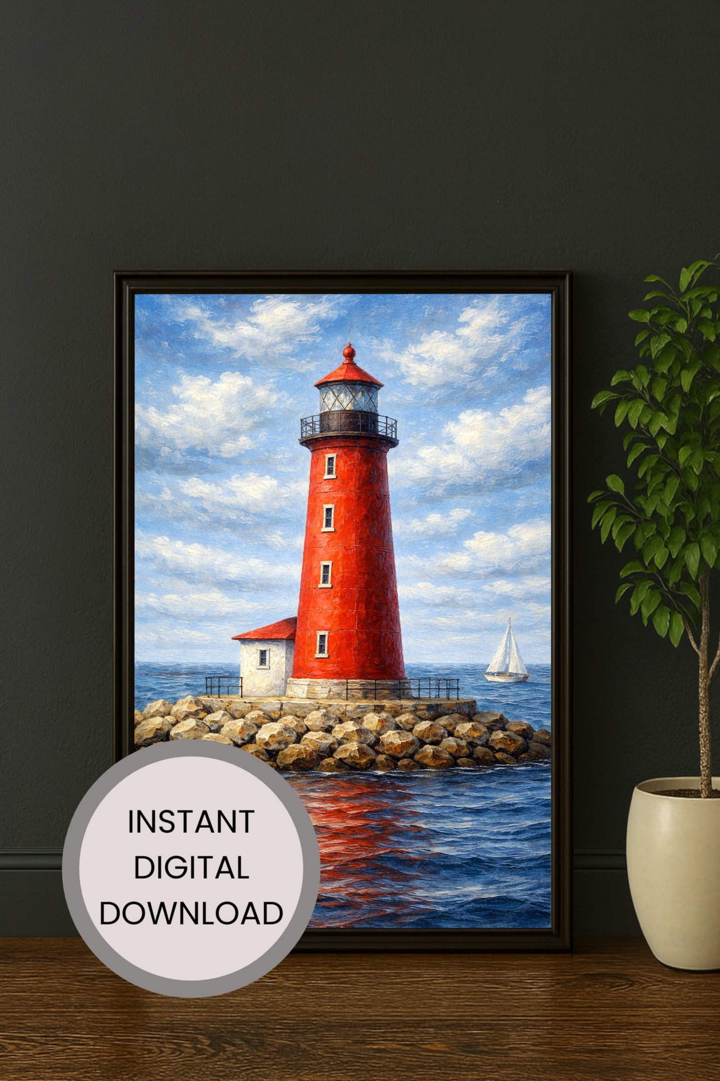 Roter Leuchtturm am Meer mit Segelboot, maritime Illustration in malerischem Stil