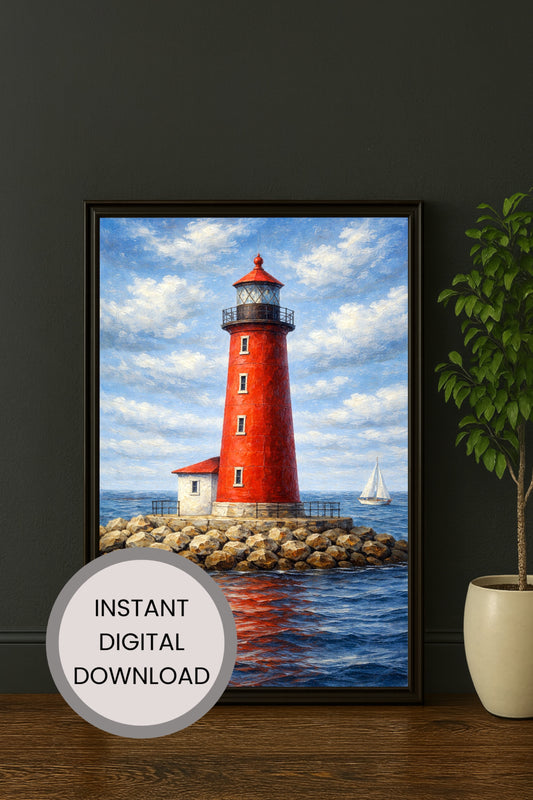 Roter Leuchtturm am Meer mit Segelboot, maritime Illustration in malerischem Stil