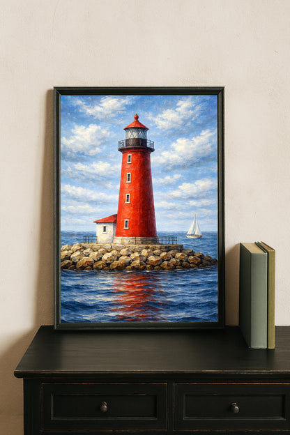 Roter Leuchtturm am Meer mit Segelboot, maritime Illustration in malerischem Stil