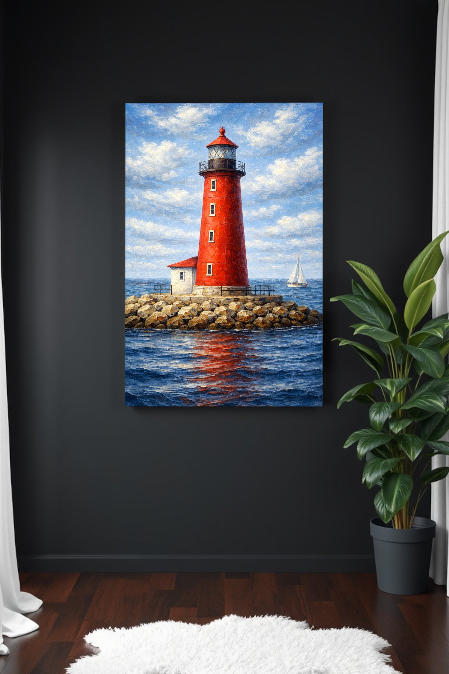 Roter Leuchtturm am Meer mit Segelboot, maritime Illustration in malerischem Stil