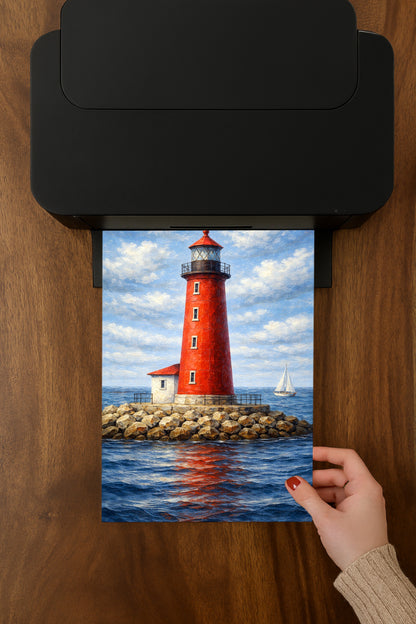 Roter Leuchtturm am Meer mit Segelboot, maritime Illustration in malerischem Stil