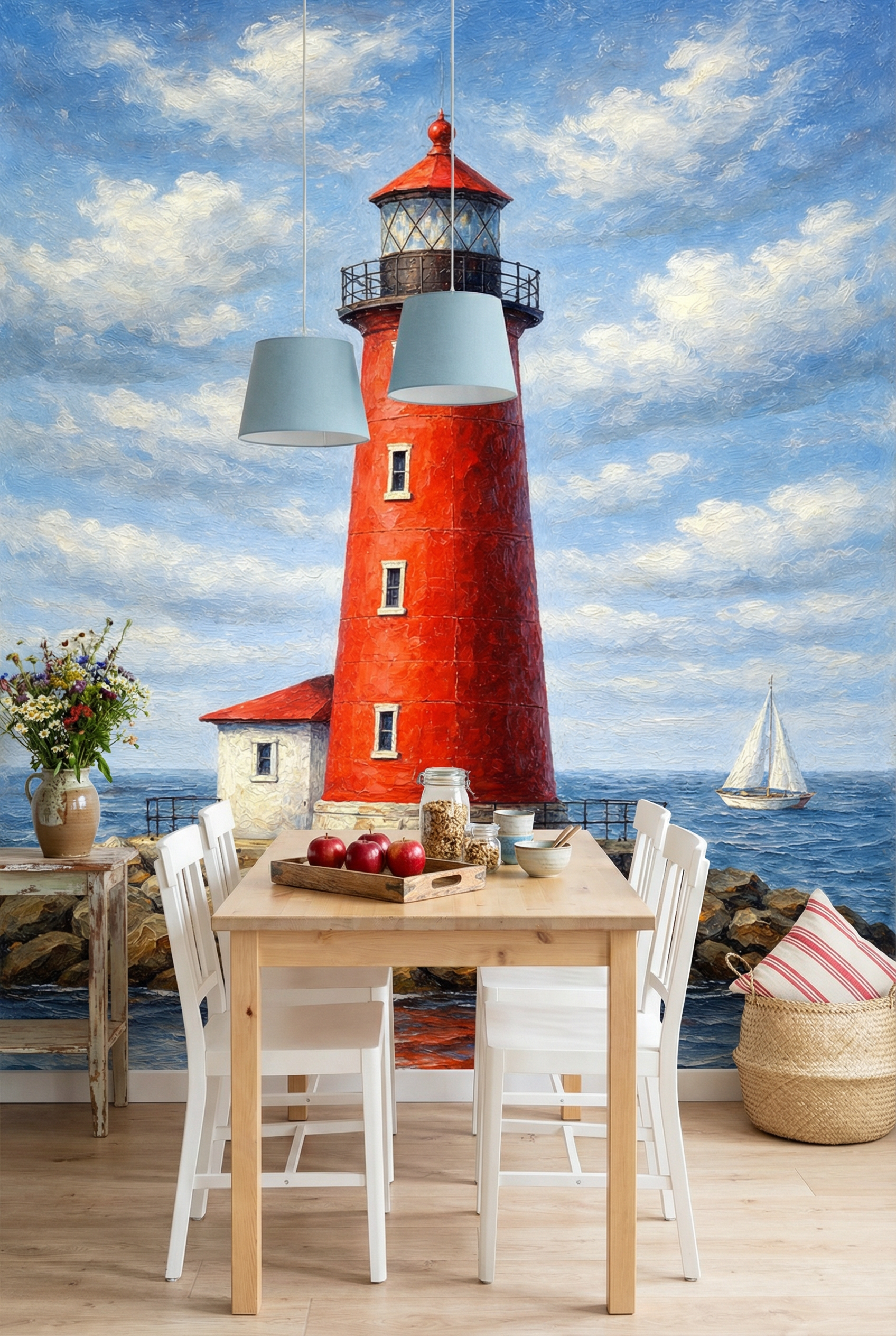 Roter Leuchtturm am Meer mit Segelboot, maritime Illustration in malerischem Stil