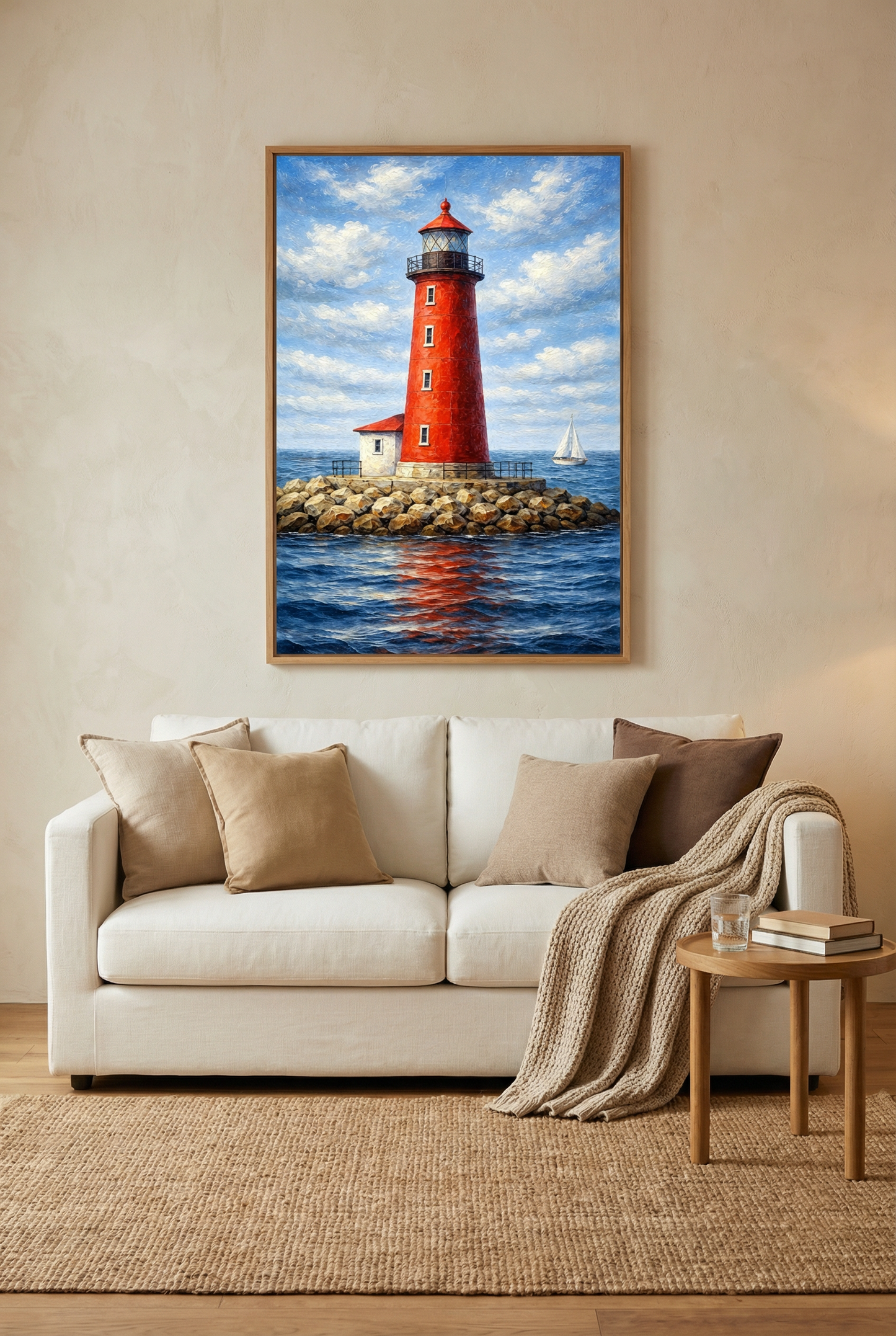 Roter Leuchtturm am Meer mit Segelboot, maritime Illustration in malerischem Stil