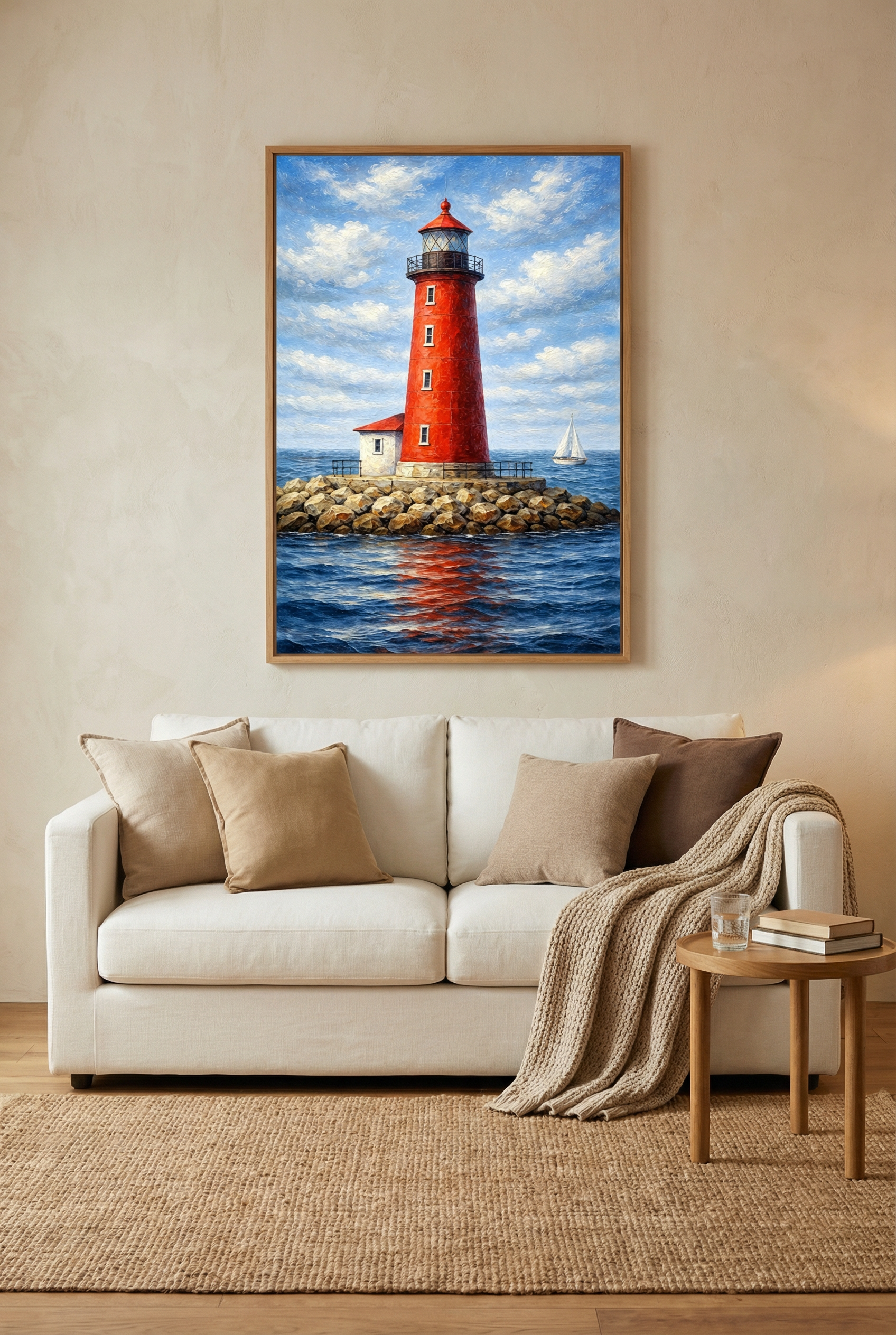 Roter Leuchtturm am Meer mit Segelboot, maritime Illustration in malerischem Stil