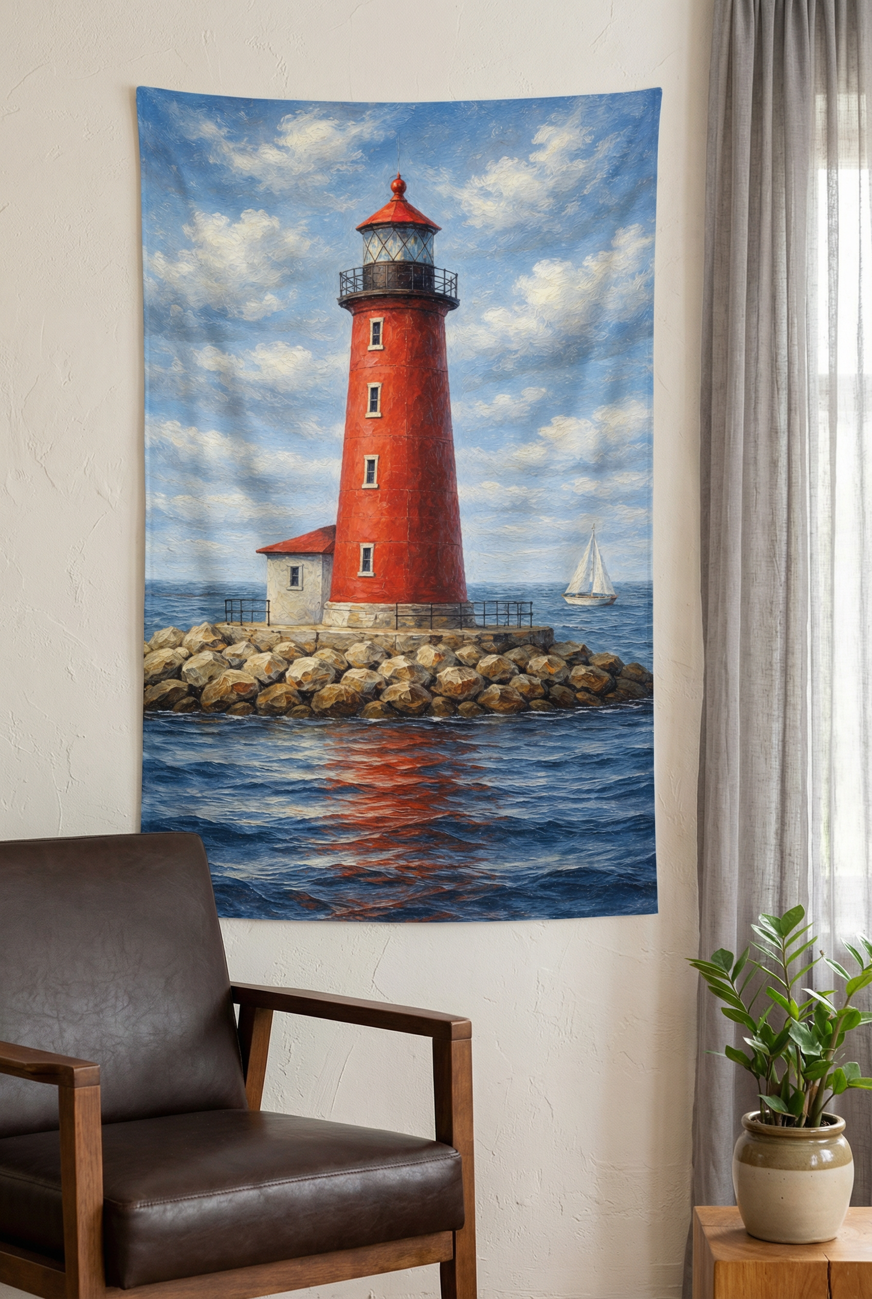 Roter Leuchtturm am Meer mit Segelboot, maritime Illustration in malerischem Stil
