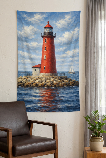 Roter Leuchtturm am Meer mit Segelboot, maritime Illustration in malerischem Stil