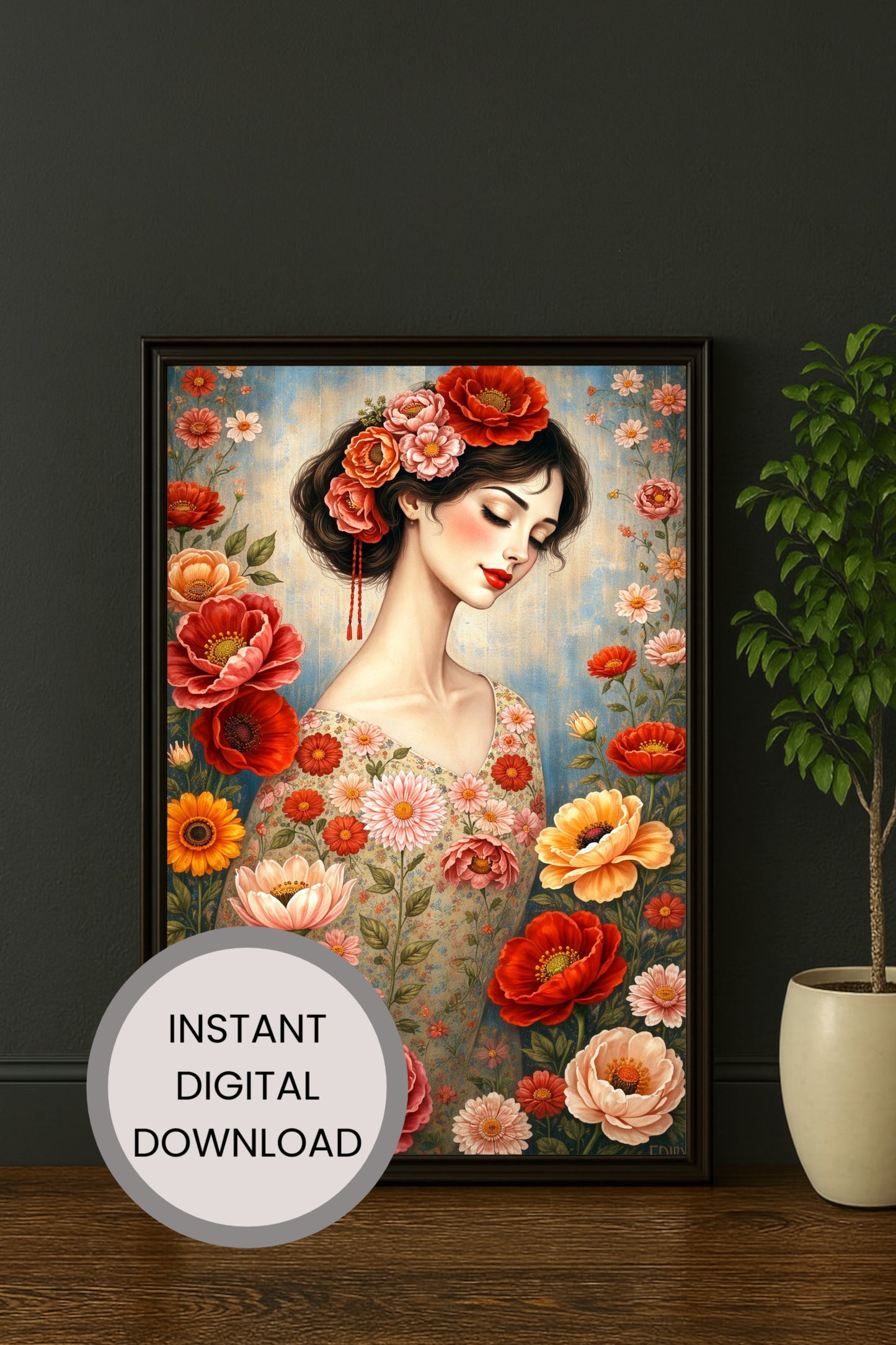 Frauenporträt mit Blumen im malerischen Stil, florale Illustration in warmen Farben