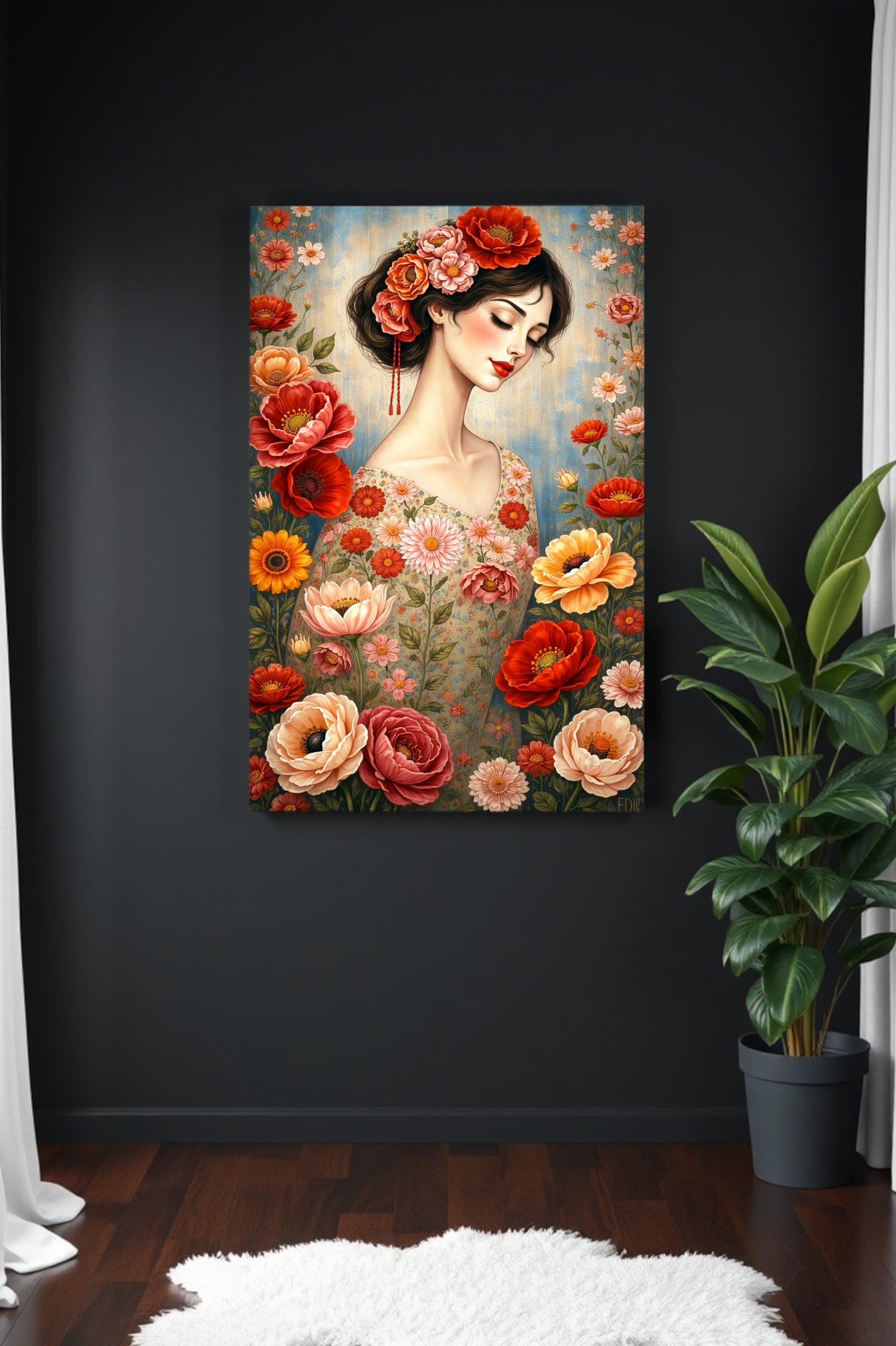 Frauenporträt mit Blumen im malerischen Stil, florale Illustration in warmen Farben