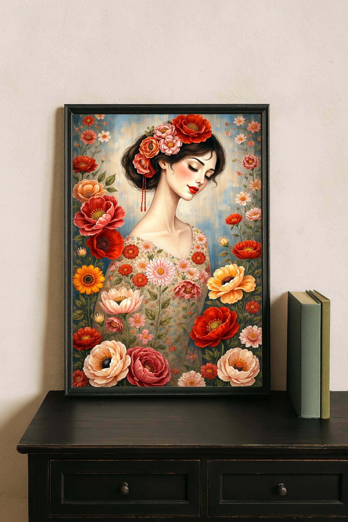 Frauenporträt mit Blumen im malerischen Stil, florale Illustration in warmen Farben