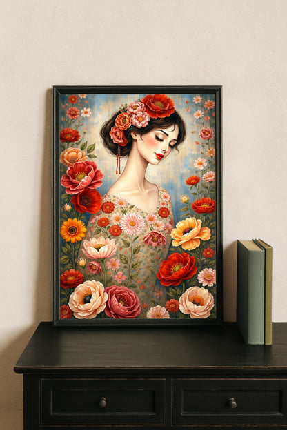 Frauenporträt mit Blumen im malerischen Stil, florale Illustration in warmen Farben