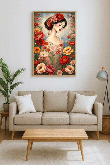 Frauenporträt mit Blumen im malerischen Stil, florale Illustration in warmen Farben