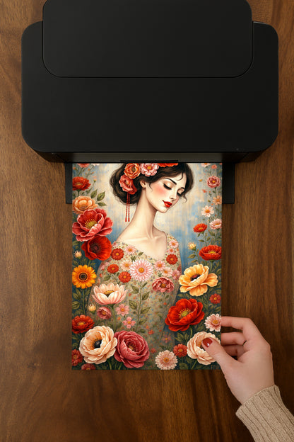 Frauenporträt mit Blumen im malerischen Stil, florale Illustration in warmen Farben