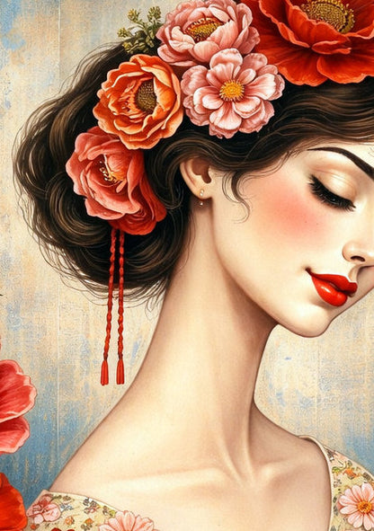 Frauenporträt mit Blumen im malerischen Stil, florale Illustration in warmen Farben