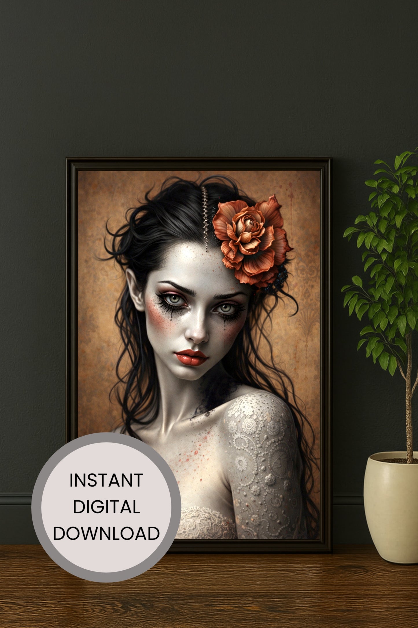 Dunkles Gothic Frauenporträt mit Blume im Haar, intensiver Blick, blasse Haut, romantisch-melancholische Illustration in warmen Braun- und Kupfertönen