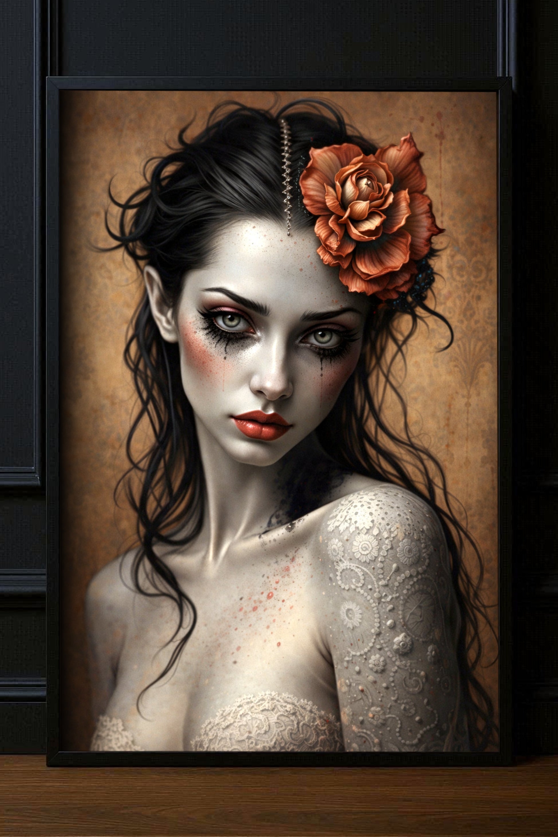 Gothic Frauenporträt als Premium Poster auf mattem Papier, dunkle romantische Illustration mit Blume im Haar
