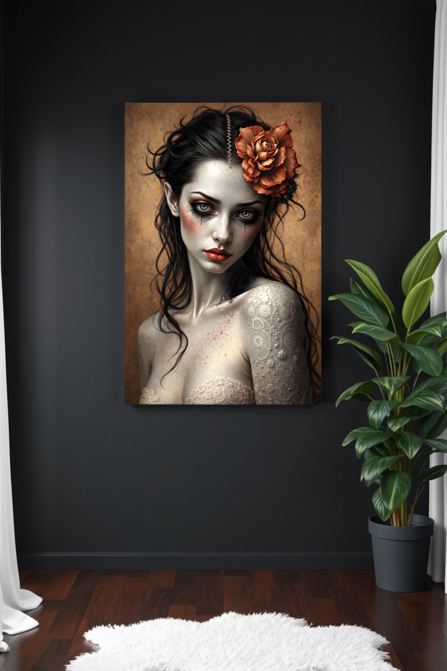Dunkles Gothic Frauenporträt mit Blume im Haar, intensiver Blick, blasse Haut, romantisch-melancholische Illustration in warmen Braun- und Kupfertönen