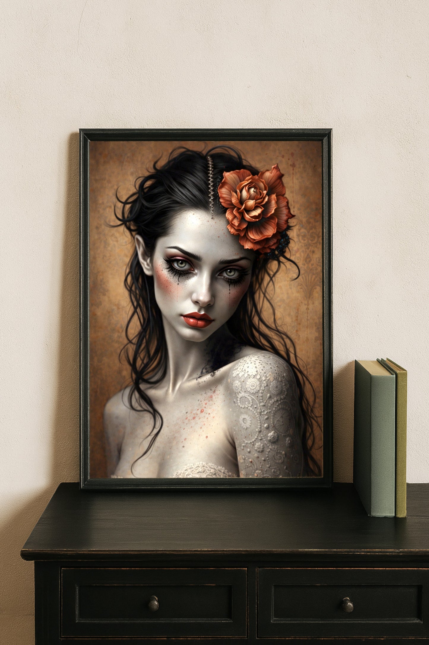 Dunkles Gothic Frauenporträt mit Blume im Haar, intensiver Blick, blasse Haut, romantisch-melancholische Illustration in warmen Braun- und Kupfertönen
