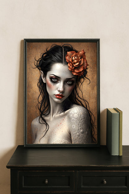 Dunkles Gothic Frauenporträt mit Blume im Haar, intensiver Blick, blasse Haut, romantisch-melancholische Illustration in warmen Braun- und Kupfertönen