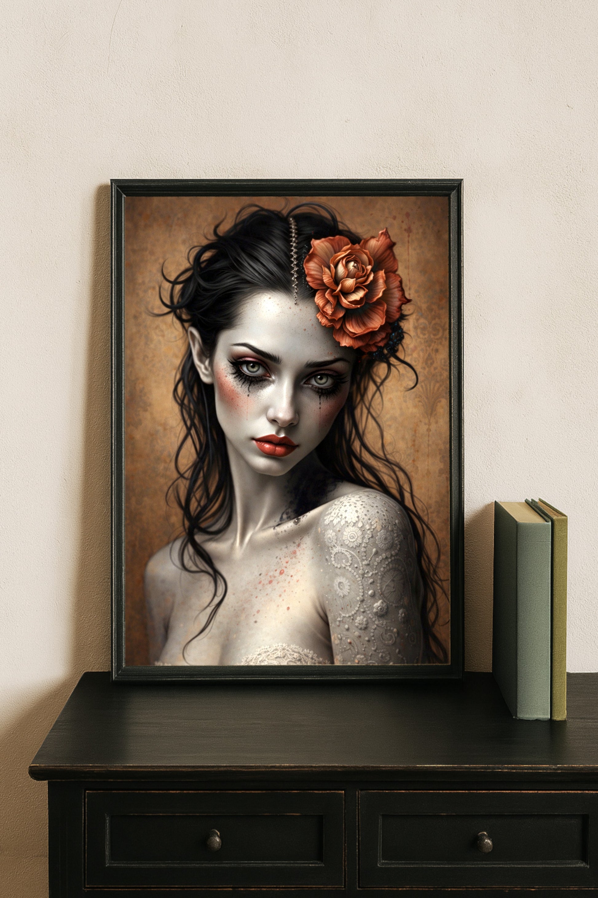Gothic Frauenporträt als Premium Poster auf mattem Papier, dunkle romantische Illustration mit Blume im Haar
