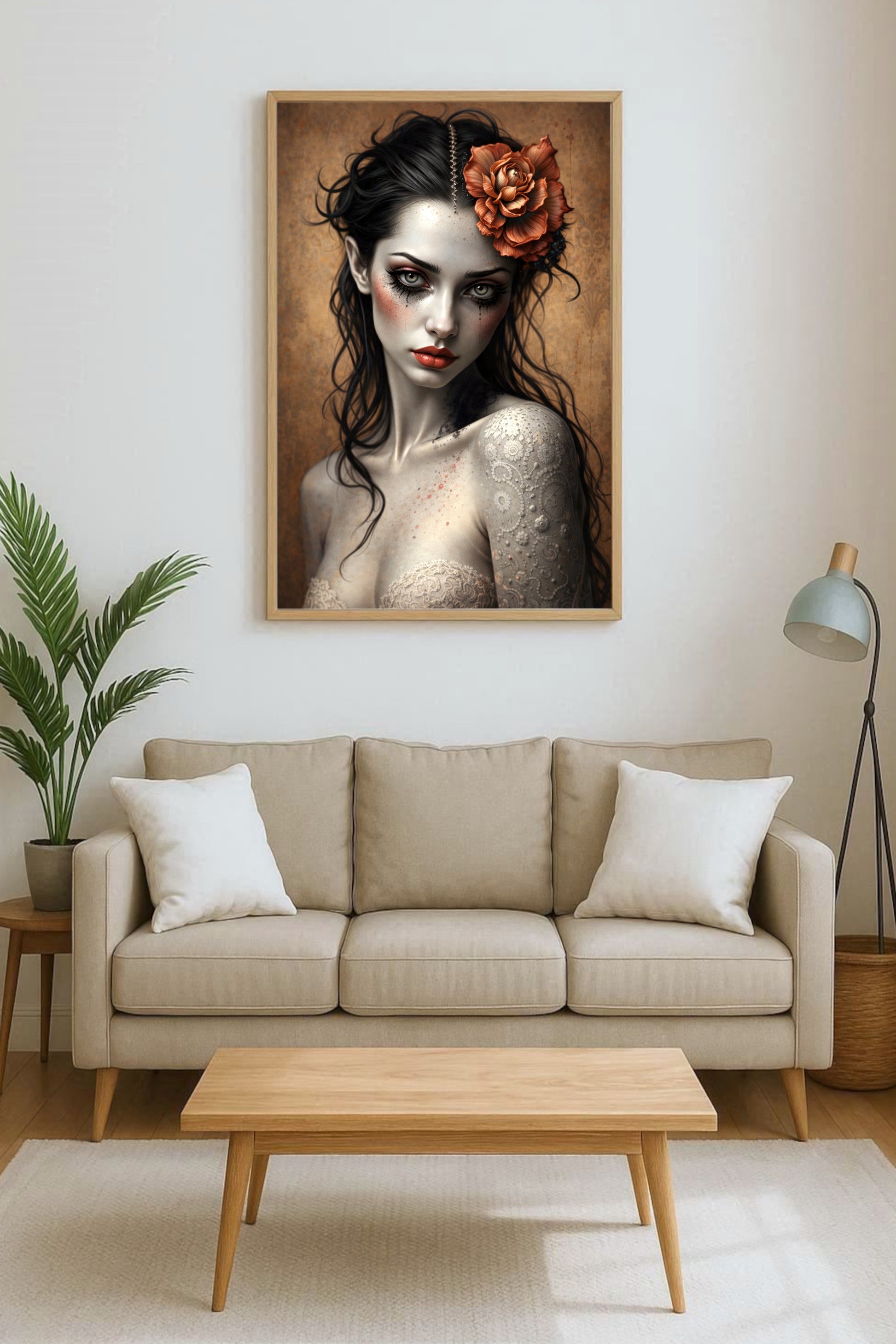 Dunkles Gothic Frauenporträt mit Blume im Haar, intensiver Blick, blasse Haut, romantisch-melancholische Illustration in warmen Braun- und Kupfertönen