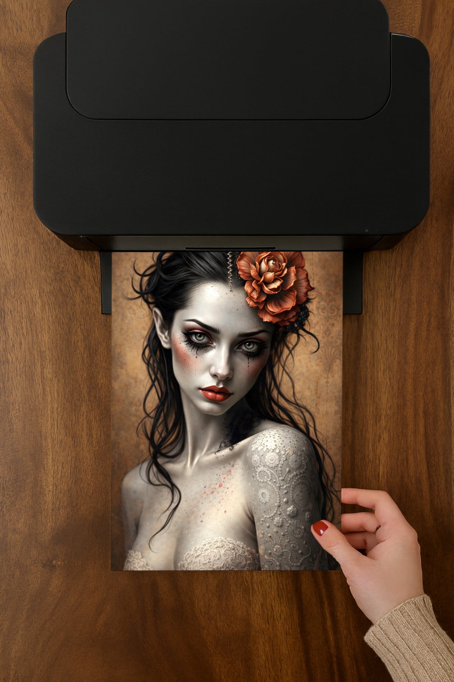 Dunkles Gothic Frauenporträt mit Blume im Haar, intensiver Blick, blasse Haut, romantisch-melancholische Illustration in warmen Braun- und Kupfertönen
