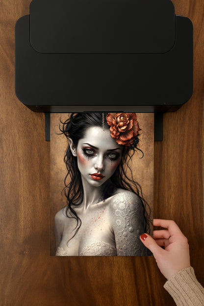 Dunkles Gothic Frauenporträt mit Blume im Haar, intensiver Blick, blasse Haut, romantisch-melancholische Illustration in warmen Braun- und Kupfertönen