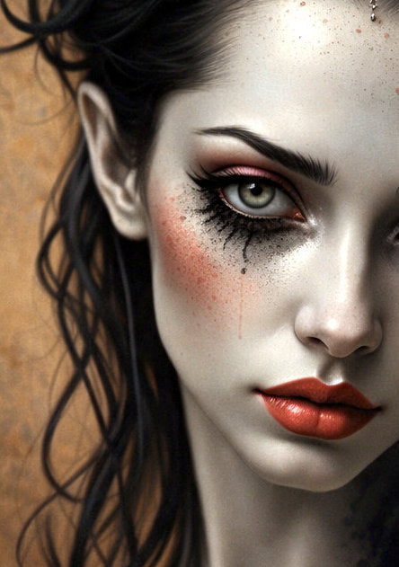 Dunkles Gothic Frauenporträt mit Blume im Haar, intensiver Blick, blasse Haut, romantisch-melancholische Illustration in warmen Braun- und Kupfertönen