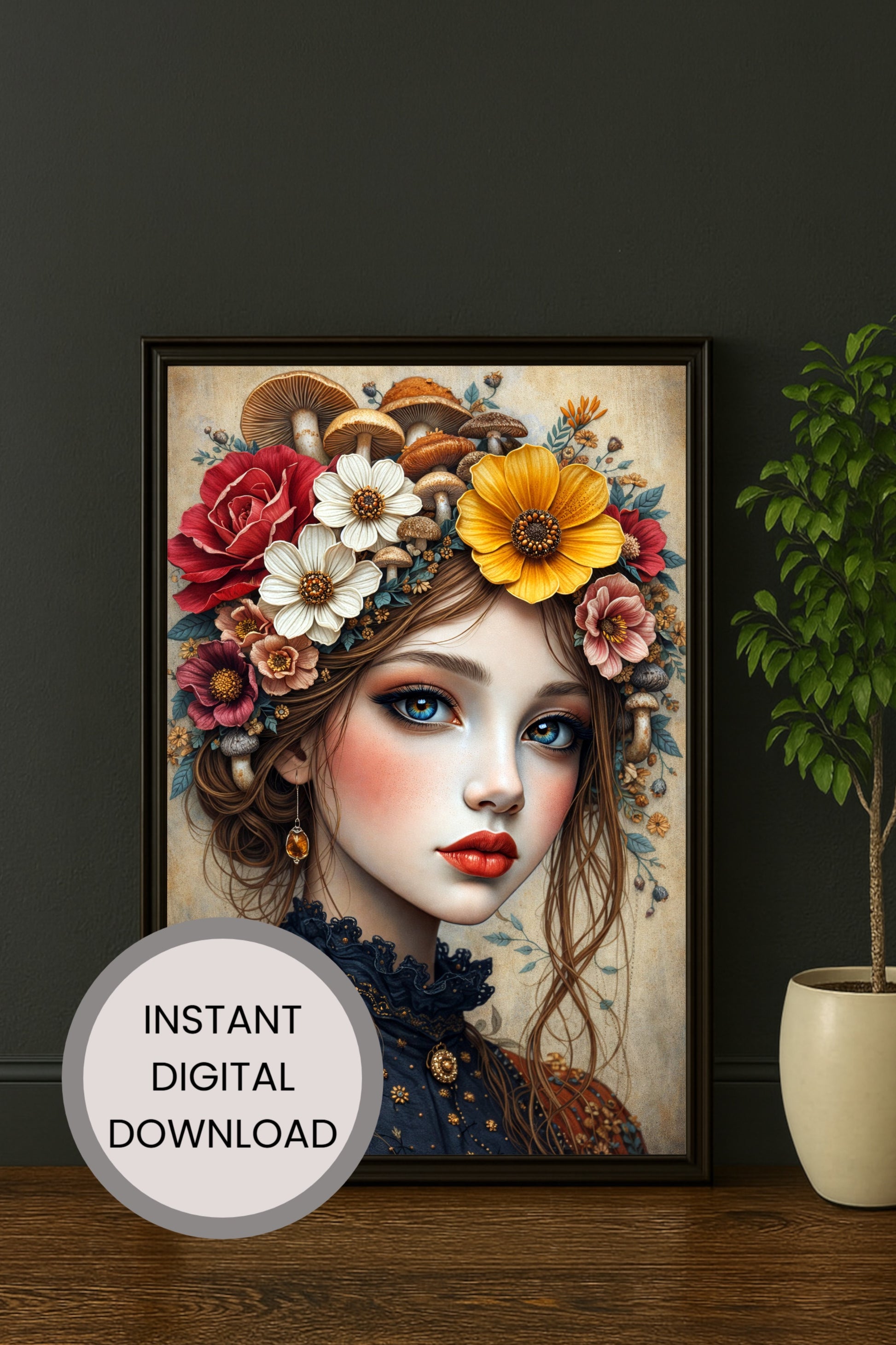 Märchenhaftes Frauenporträt mit Blumen und Pilzen, große blaue Augen, florale Illustration in warmen Naturfarben