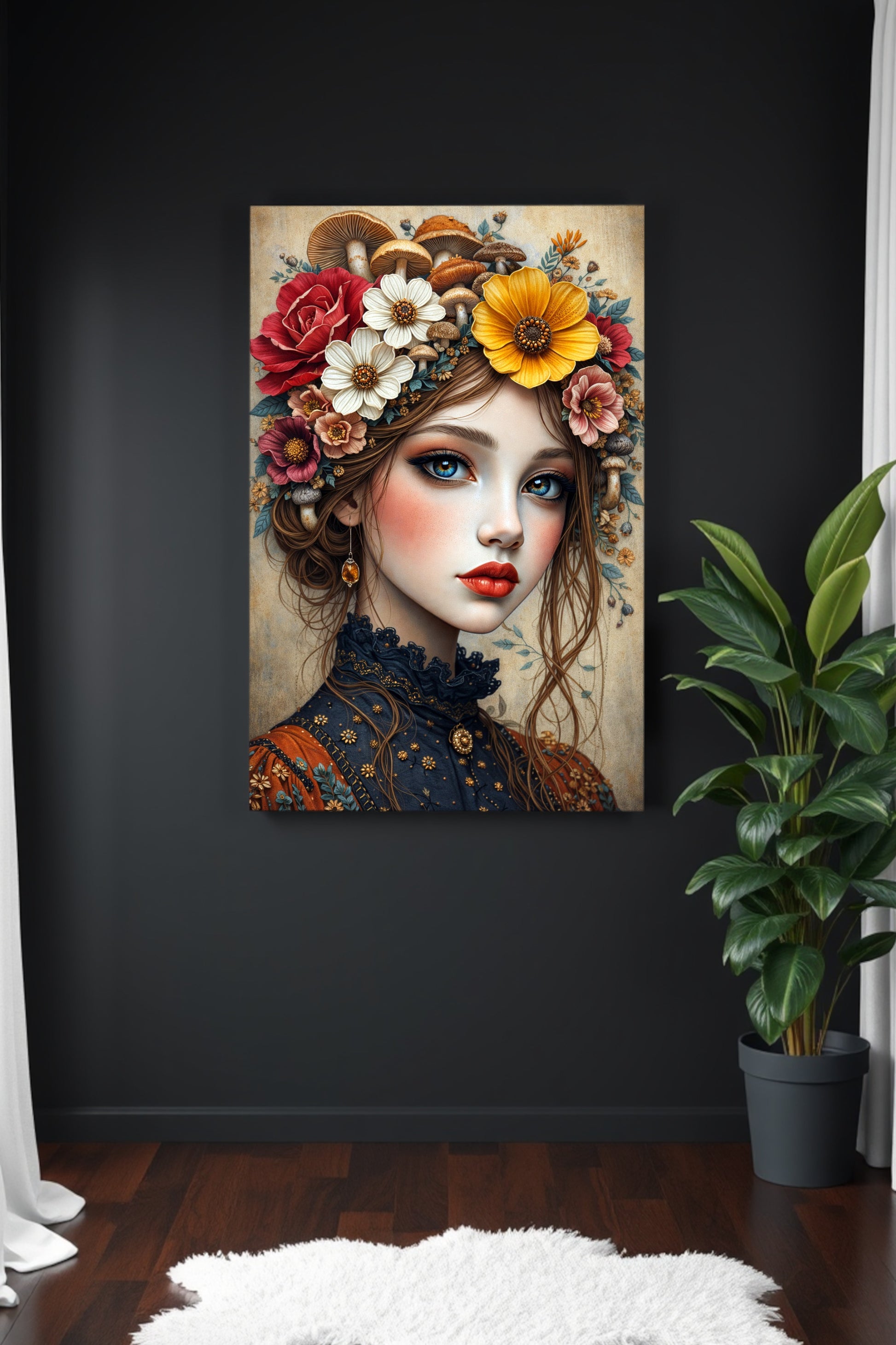 Märchenhaftes Frauenporträt mit Blumen und Pilzen, große blaue Augen, florale Illustration in warmen Naturfarben