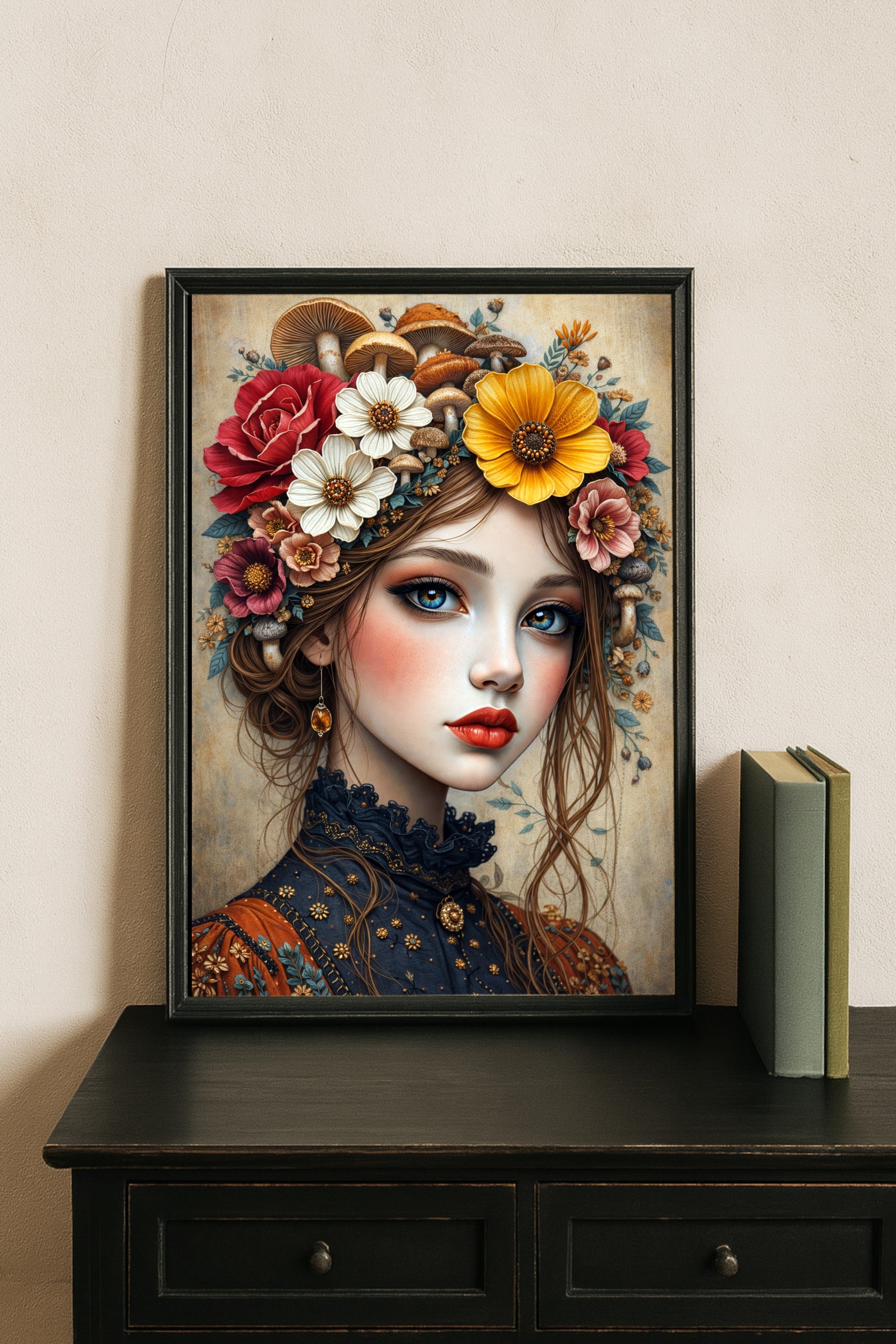 Märchenhaftes Frauenporträt mit Blumen und Pilzen, große blaue Augen, florale Illustration in warmen Naturfarben