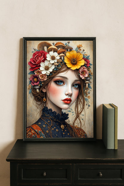 Märchenhaftes Frauenporträt mit Blumen und Pilzen, große blaue Augen, florale Illustration in warmen Naturfarben